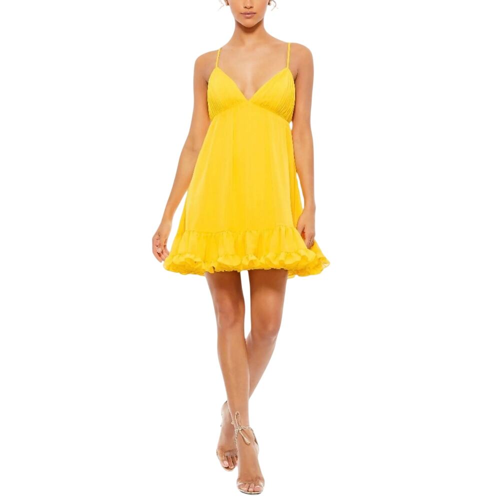 Mac Duggal 70194 Yellow Cocktail Dress Chiffon Backless Mini Babydoll Size 4